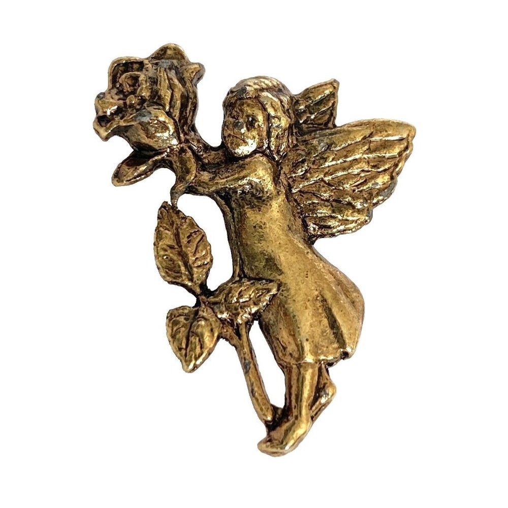 Fairy Holding Rose Brass Pin Antique Gold Tone Hat Lapel Lanyard 1in Tall